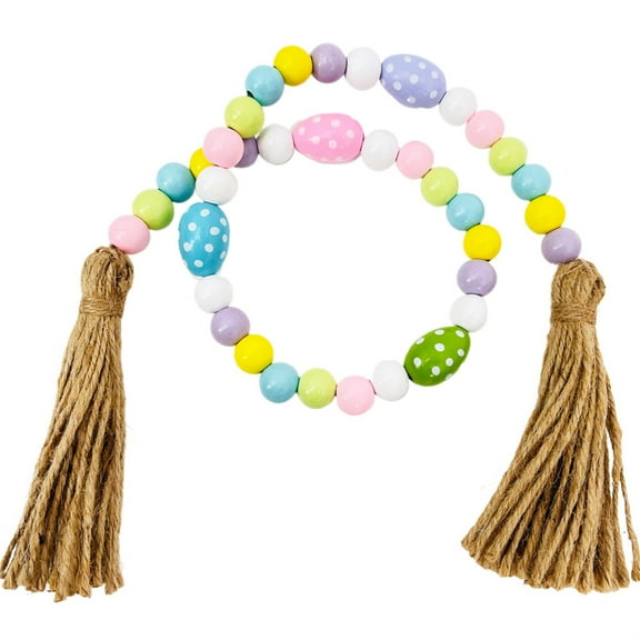 OOKWE Spring Wooden Beads Garland with Tassels Easter Egg Bead Farmhouse Rustic Tiered Tray Decorations Holiday Country Prayer Boho Bead Shelf Decor