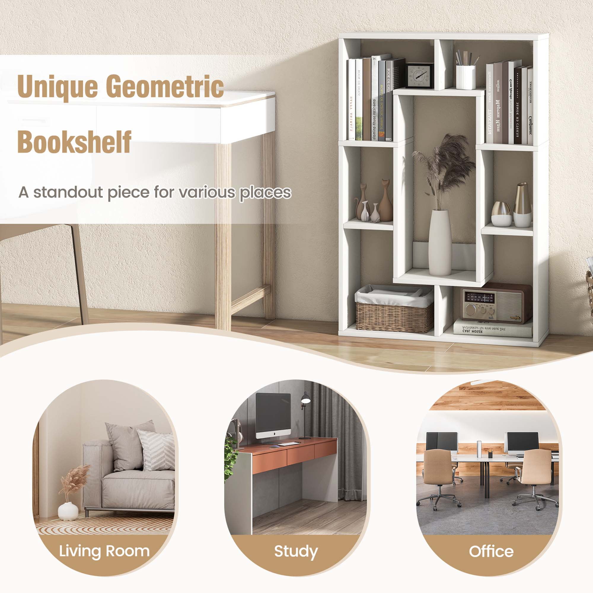 Costway 7 Cube Modern Geometric Bookcase with Anti-Toppling Device, White