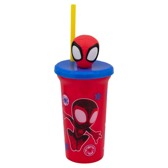 Vaso Infantil Plástico Ambient 21 Con Tapa y Popote Cabeza 3D Spiderman Capacidad 443 Ml