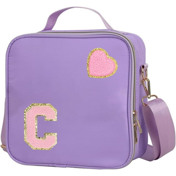 shiyou-Insulated Nylon Lunch Box for Girls, Kids, and Women-Stylish Purple Preppy Large Lunch Bag with Adjustable Strap (Letter C), Tote for School, Travel, and Picnics-Ideal Preppy Stuff Choice