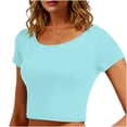 thumbnail image 2 of VSSSJ Crop Tops pour Femmes Manches Courtes Col Rond Extensible Chemise Décontractée Ajustée Solide Confortable Été Basique T-Shirts Courts Bleu Clair Taille Unique, 2 of 4