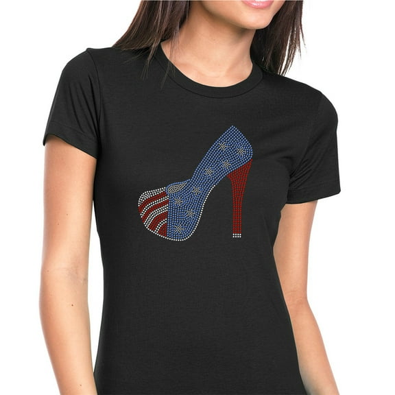 Womens T-Shirt Rhinestone Bling Black Tee American Flag Heel Shoe Crew Neck Small