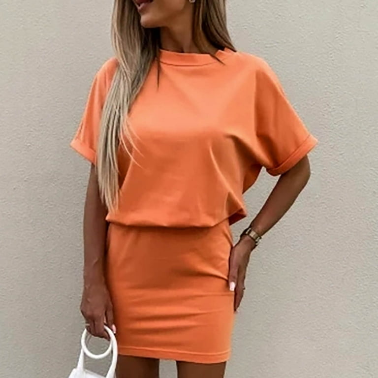 Olyvenn Women's Summer Casual Sports Dress Ruched Trendy 2023 Short Sleeve  Cocktail Dress Solid Sundress Crew Neck Babydoll Loose Casual Pencil Shirt  Dress Smocked Party Wedding Flowy Orange 6 