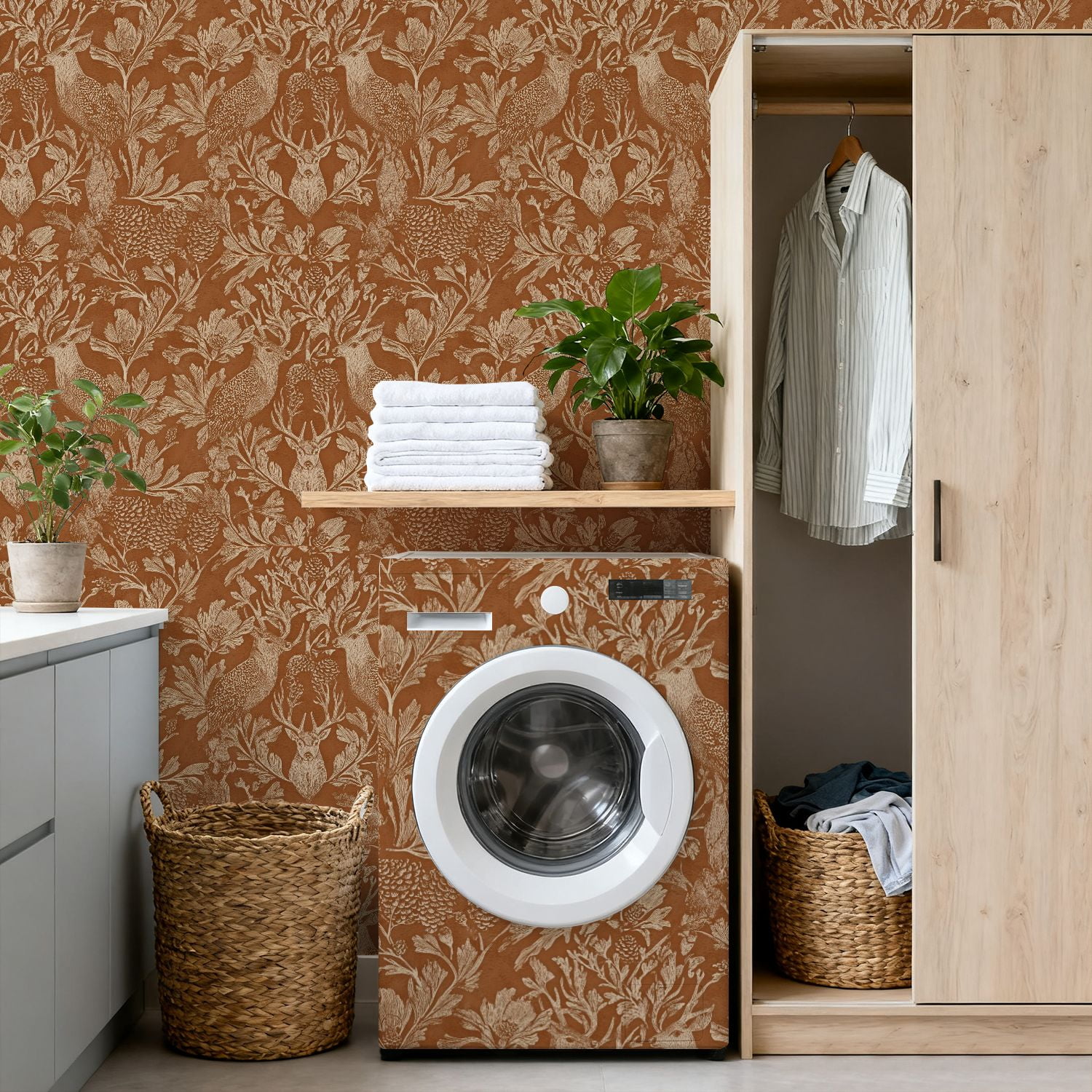 Hunt Peel and Stick Wallpaper 17.7in x 9.8ft Vintage Botanical Wildlife Deer Birds Foliage Warm Contact Paper Vinyl Waterproof Self Adhesive Wall Paper for Bedroom Shelf Cabinet Renter Friendly