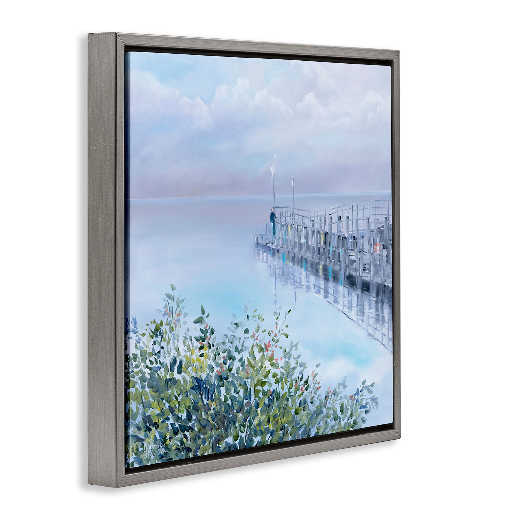 Stupell Industries Foggy Harbor Dock Landscape Painting Gray Floater Framed Canvas Art Print Wall Art, 18 x 18