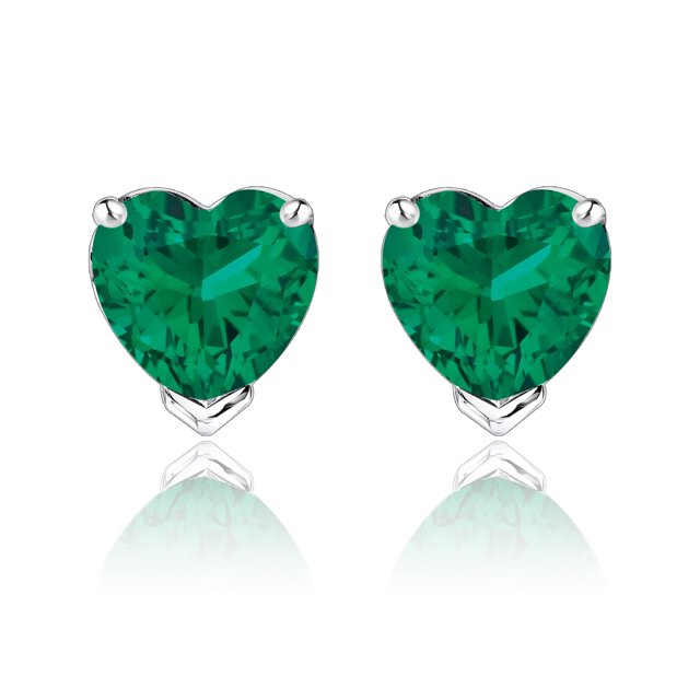 JeenMata Hermosos Aretes Tipo Botón con Solitario de Esmeralda Talla Corazón de 1 Quilate (Piedra Natal de Mayo) en Baño de Oro Blanco de 18 K sobre Plata