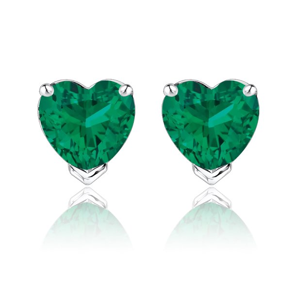 JeenMata Hermosos Aretes Tipo Botón con Solitario de Esmeralda Talla Corazón de 1 Quilate (Piedra Natal de Mayo) en Baño de Oro Blanco de 18 K sobre Plata