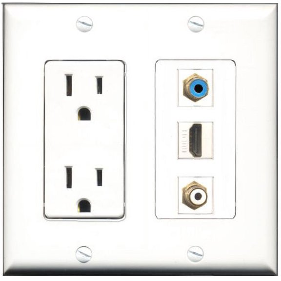 RiteAV - 15 Amp Power Outlet 1 Port HDMI 1 Port RCA White 1 Port RCA Blue Decorative Wall Plate