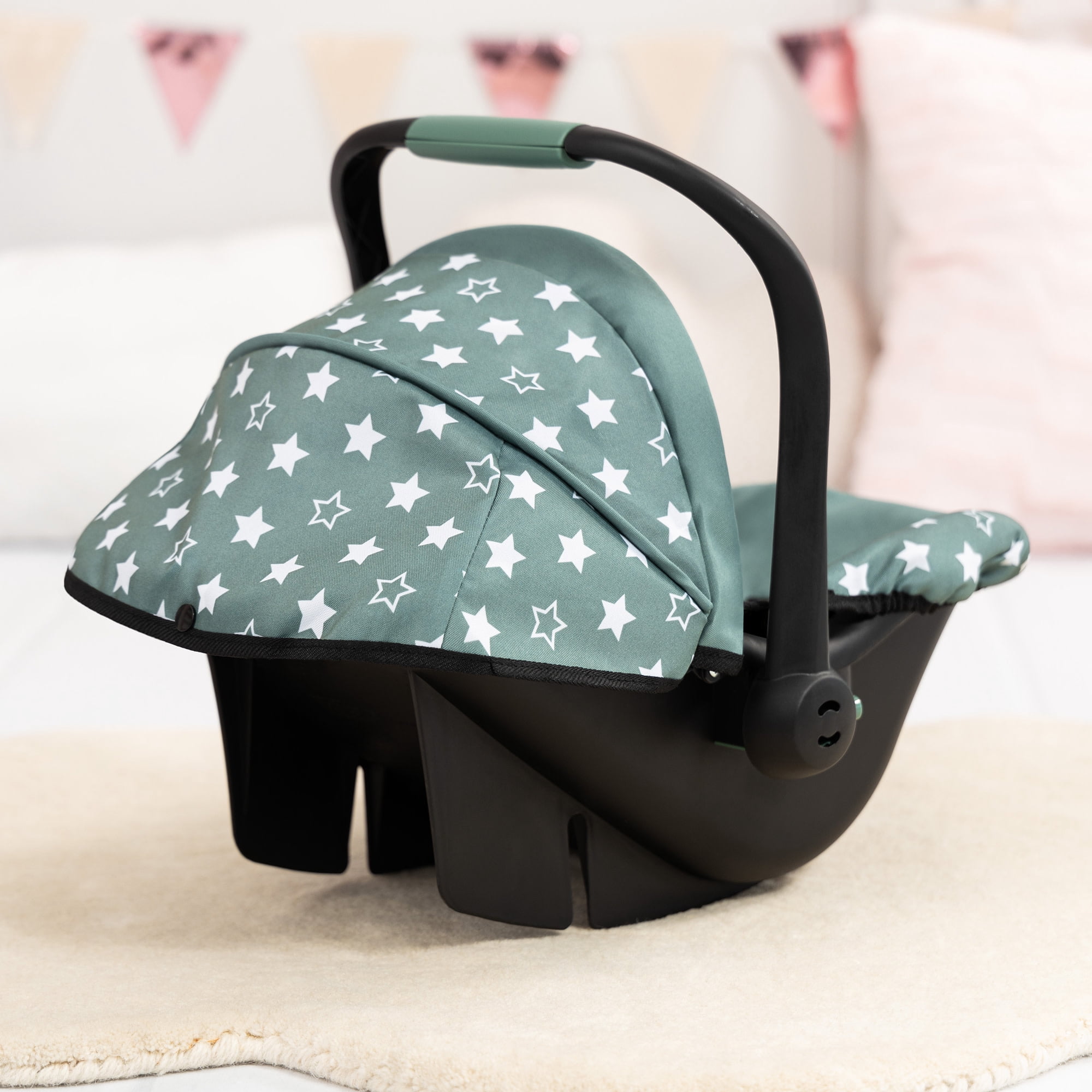 Bayer Design: Doll Deluxe Car Seat - Green-White-Star - Portable Travel Carrier For Dolls Up To 18", Sunshade & Carry Handle, Use As Rocker, Kid 3+