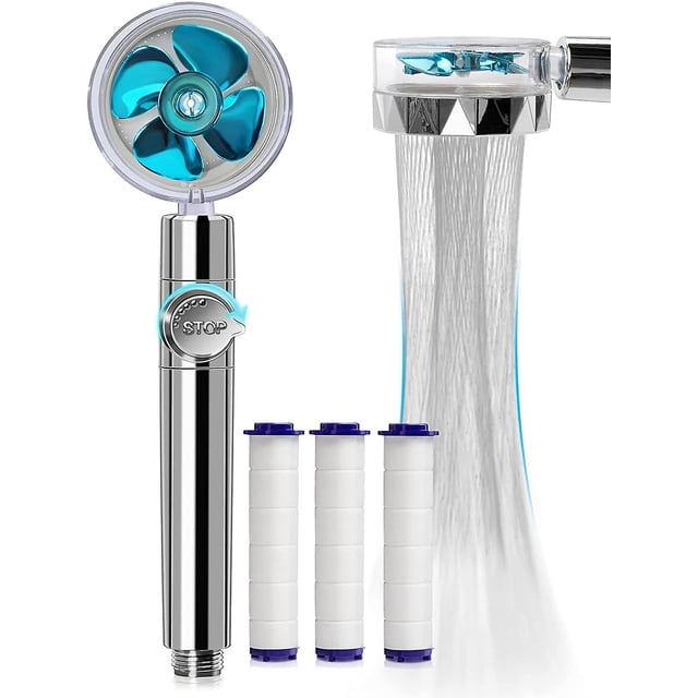 (Azul) Cabezal de ducha de alta presión que ahorra agua - Cabezal de ducha de hélice - Cabezal de ducha Turbo Jet con botón de parada de agua y 3 filtros