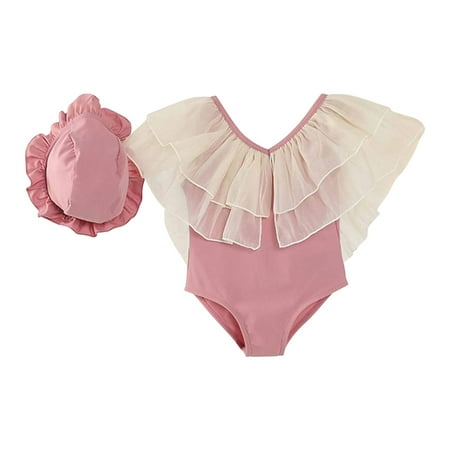 

Baby Toddler Girl Swimwear Summer One-Piece Yarn Backless Jumpsuit Beach Swimsuit with Swim Cap Bathing Suits Two Pieces Sunsuit