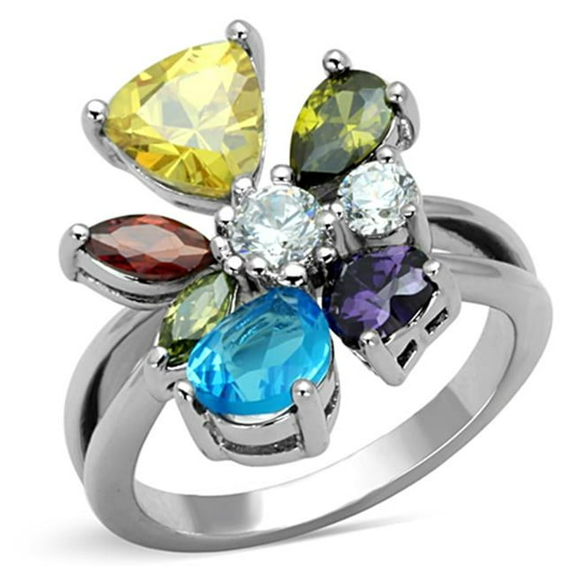 Women Rhodium Brass Ring with AAA Grade CZ in Multi Color - Size 10