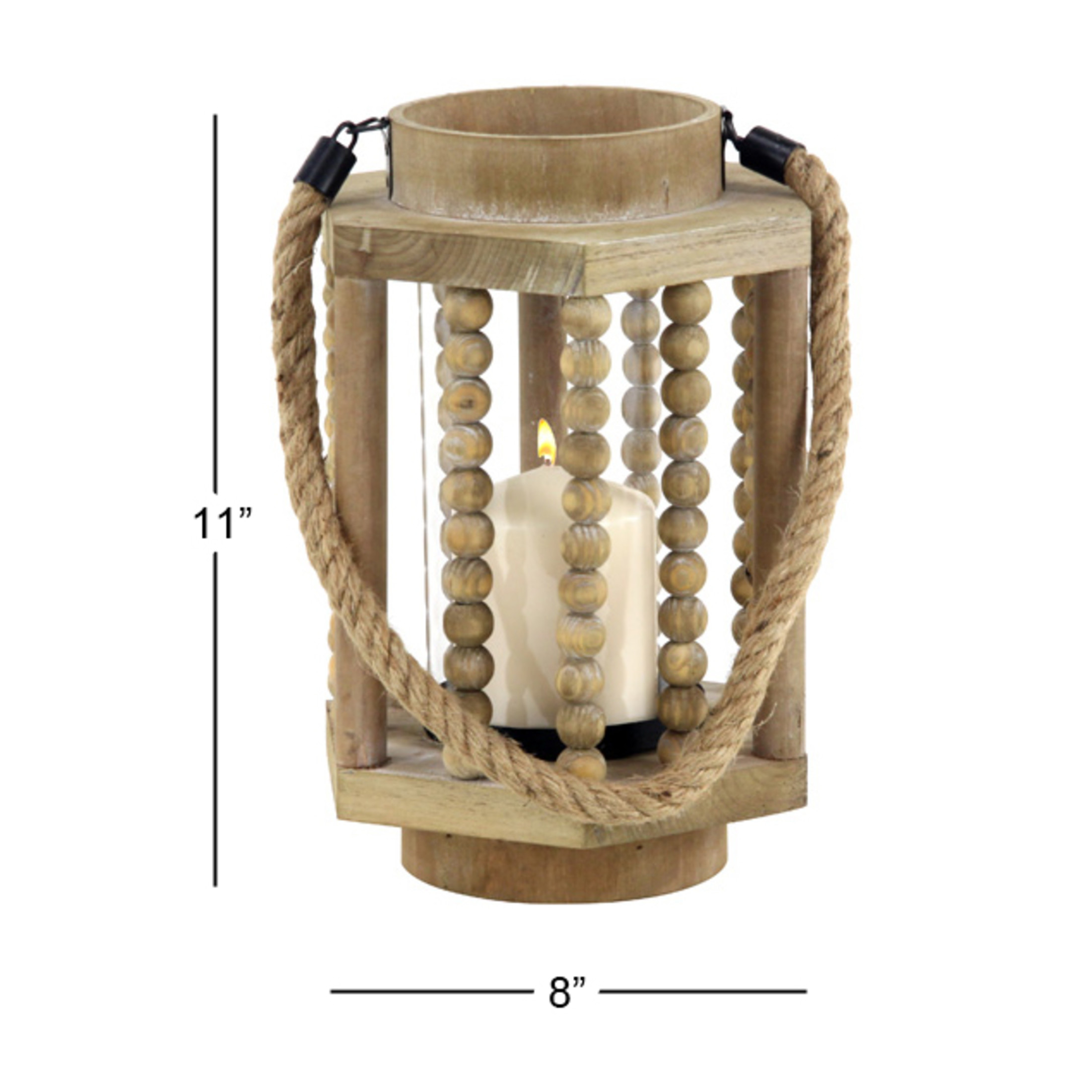 DecMode Beige Reclaimed Wood Beaded Decorative Candle Lantern