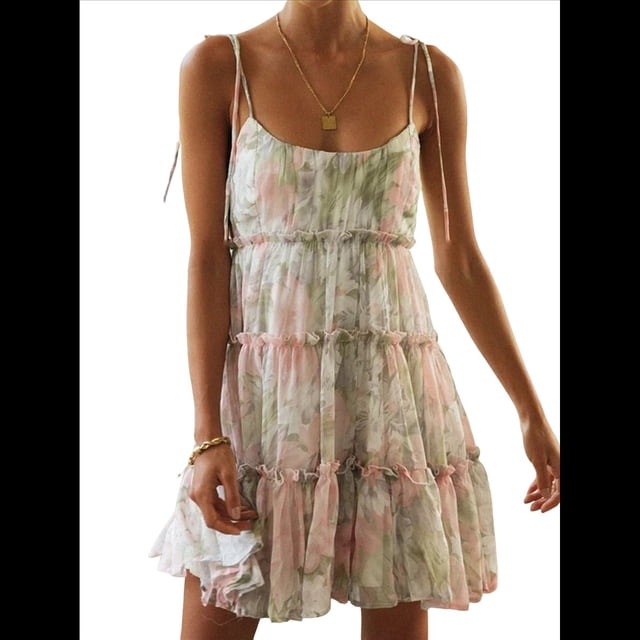 Vestido Bohemio Floral de Verano 2025 para Mujer, Corto, Sin Mangas, con Volantes y Tirantes Finos. Rosa Verde M