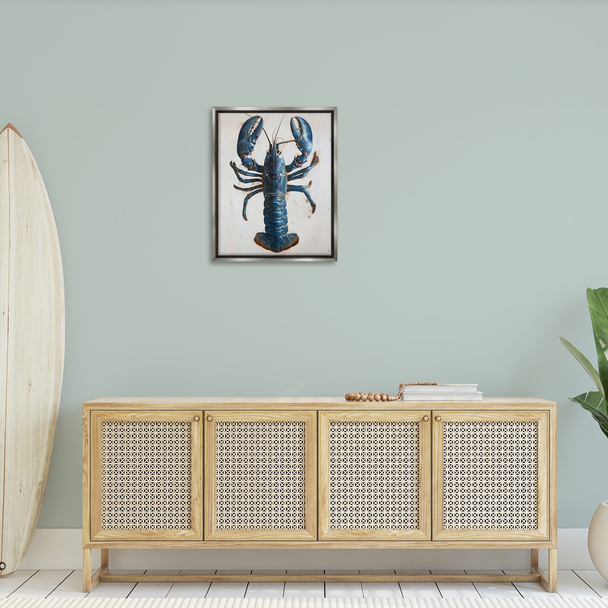 Stupell Industries Cyan Crustacean Lobster Animals Painting Gray Floater Framed Canvas Art Print Wall Art, 25 x 31