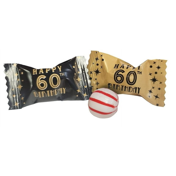 60th Birthday Themed Peppermints Gold & Black 100 Count Wrapped - Mint Candy