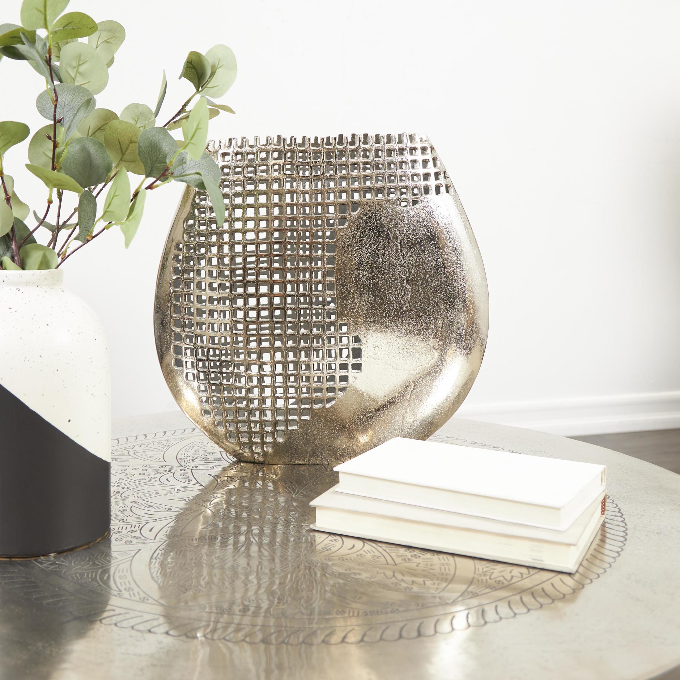 DecMode 15" Abstract Grid Inspired Dark Gray Aluminum Metal Vase with Open Frame Design