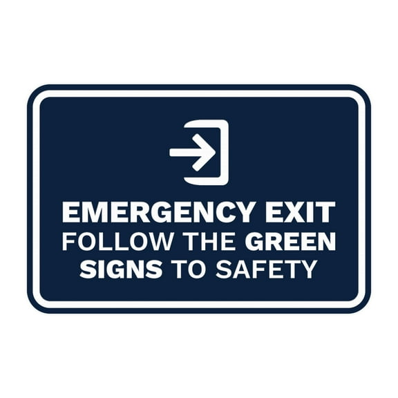 Signs ByLITA Classic Framed Emergency Exit Follow the Green Signs to Safety Sign (Navy Blue / White) - Large