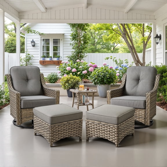 Ovios 5 Piece Outdoor Patio Bistro Set All-Weather Wicker Swivel Chairs with Ottomans High-Back Sectional Conversation Furniture for Backyard, Porch, or Garden