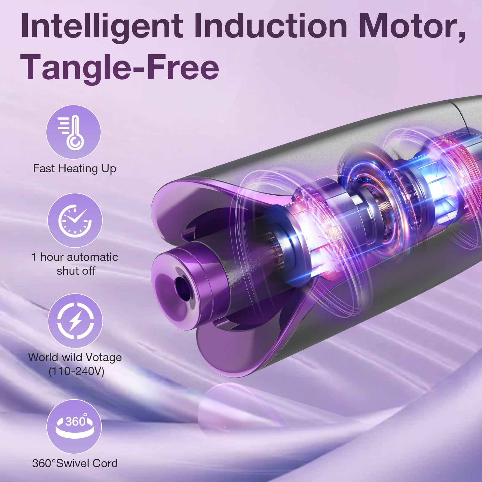 NEXPURE Automatic Curling Iron, 1" Ionic Deep Waver Hair Curler Tool, Ceramic Coating, Fast Heating, Dual Voltage, Anti-Scald, Purple
