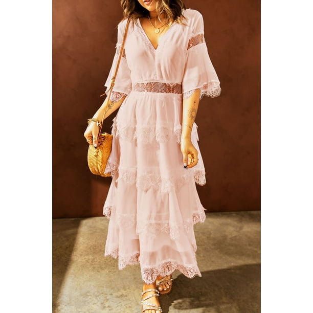 Women's Pink Swiss Dot Print See-through Lace Patch Layered Long Dress 