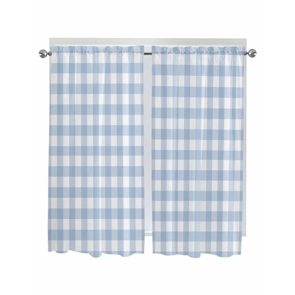 Light Blue Plaid Bathroom Window Curtain, Modern Minimalist Country Light Filtering Coffee Kitchen Curtains, Bedroom Living Room Curtains 2 Panel 84"x63"