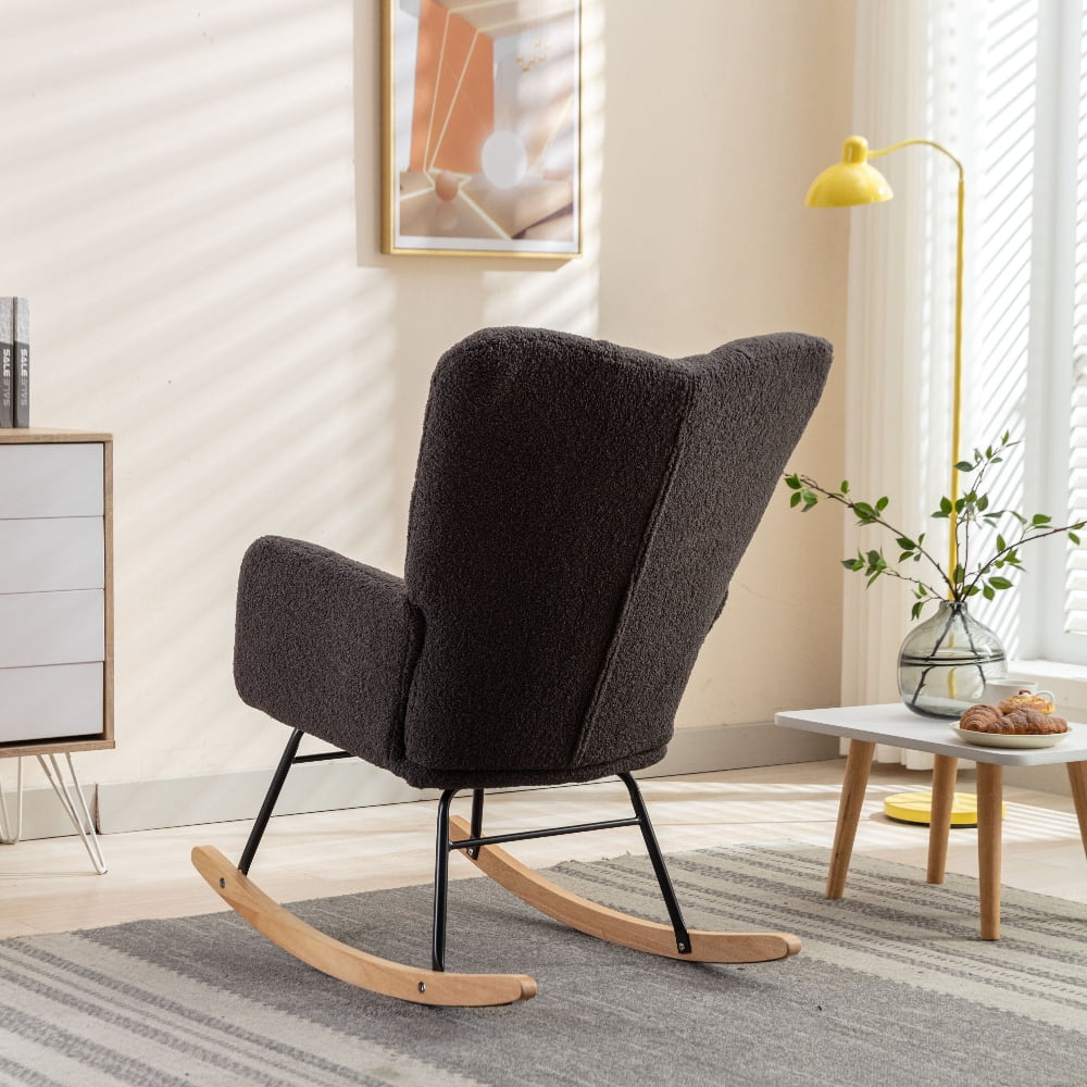 Oufan Leisure Rocking Chair With Upholstered, Teddy Fabric Nursery Rocking Chair with High Backrest & Solid Wood Frame for Living Room, Bedroom