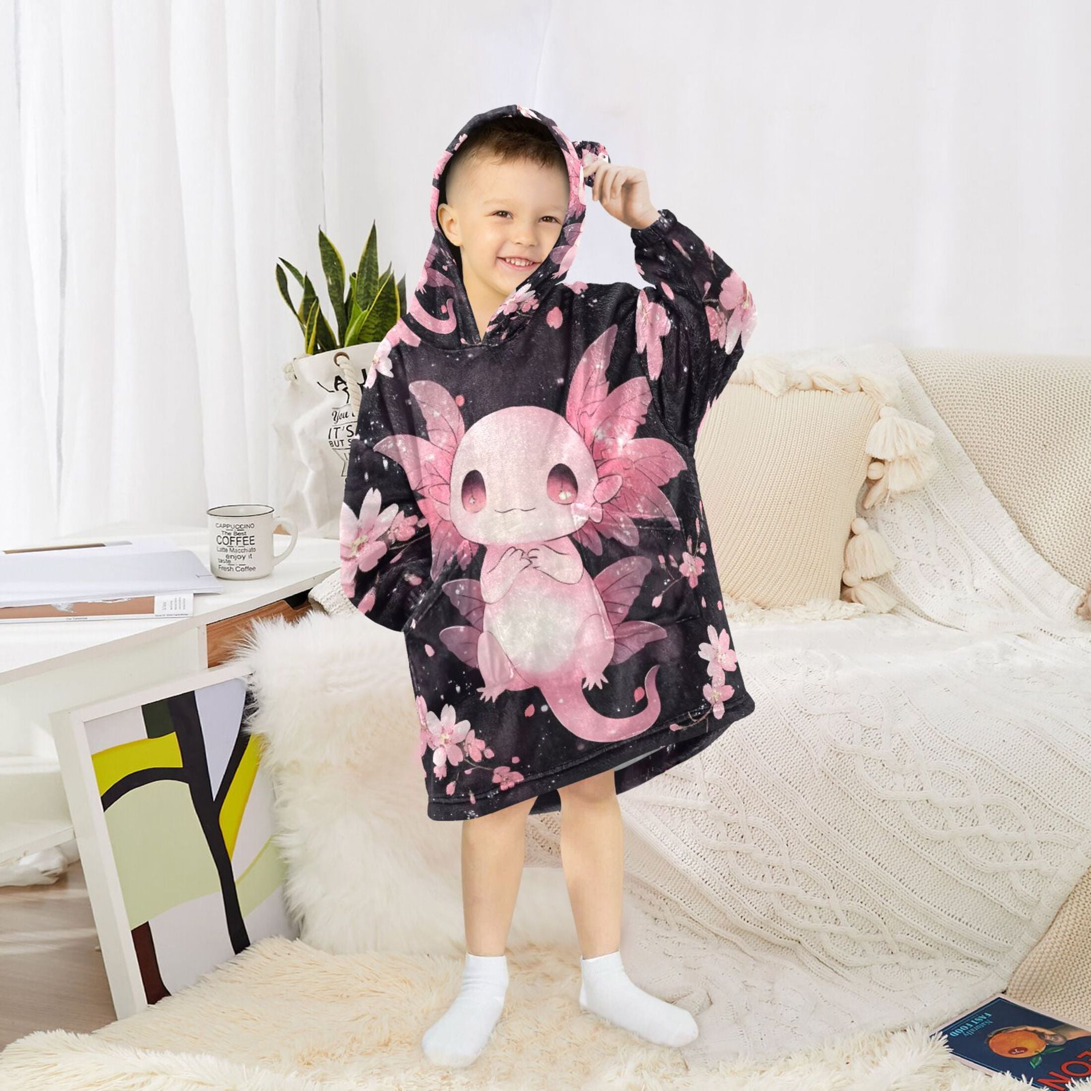 joogoo Wearable Blanket Hoodie Cute Axolotl Cherry Blossom for Flannel Sherpa Pocket 3-14 YR S
