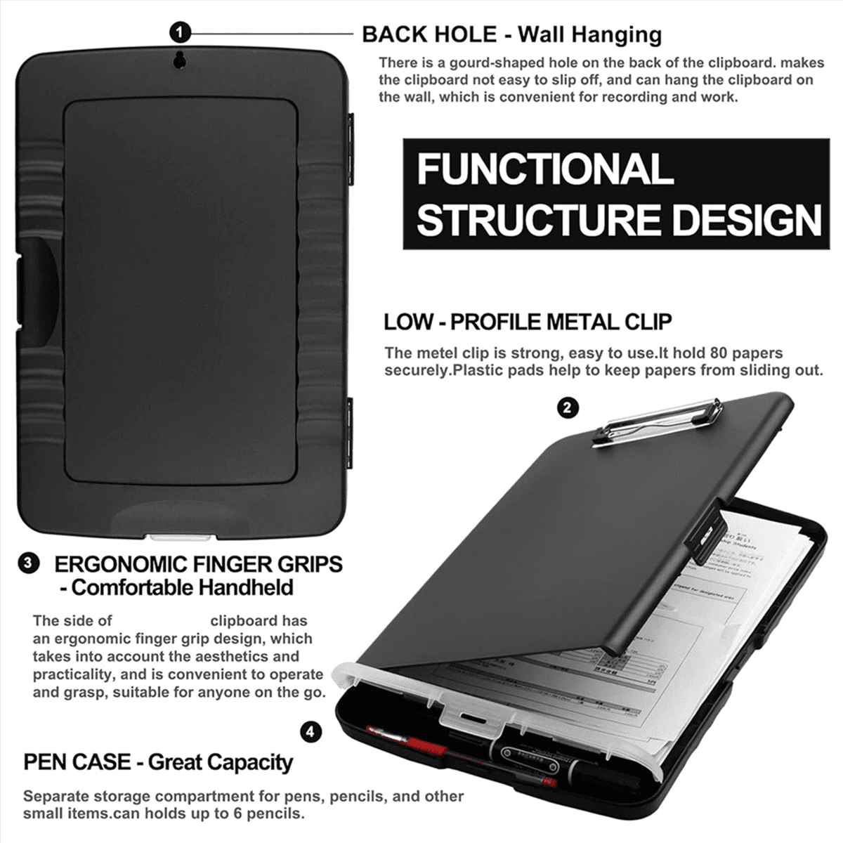 3X Clip Board Organizer Clipboards with Storage Nursing Clipboard Foldable File Folder Plastic (Black)
