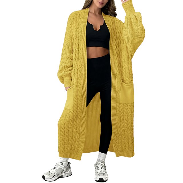 Comdrip Longs Cardigans pour Femmes! Longs Cardigans pour Femmes à devant Ouvert Cardigan en Tricot Torsadé à devant Ouvert Chandail Ample Drapé Manteau d'Extérieur Cardigans d'Automne pour Femmes Jaune P