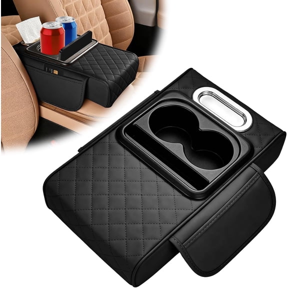 Car Armrest Cushion, 5 in 1 Memory Foam Center Console Cover with Storage Bags, Cup Holder, Tissue Box Slot & Phone Holder, Car Center Console Armrest, Car Accessories Interior Organizers (Pureblack)