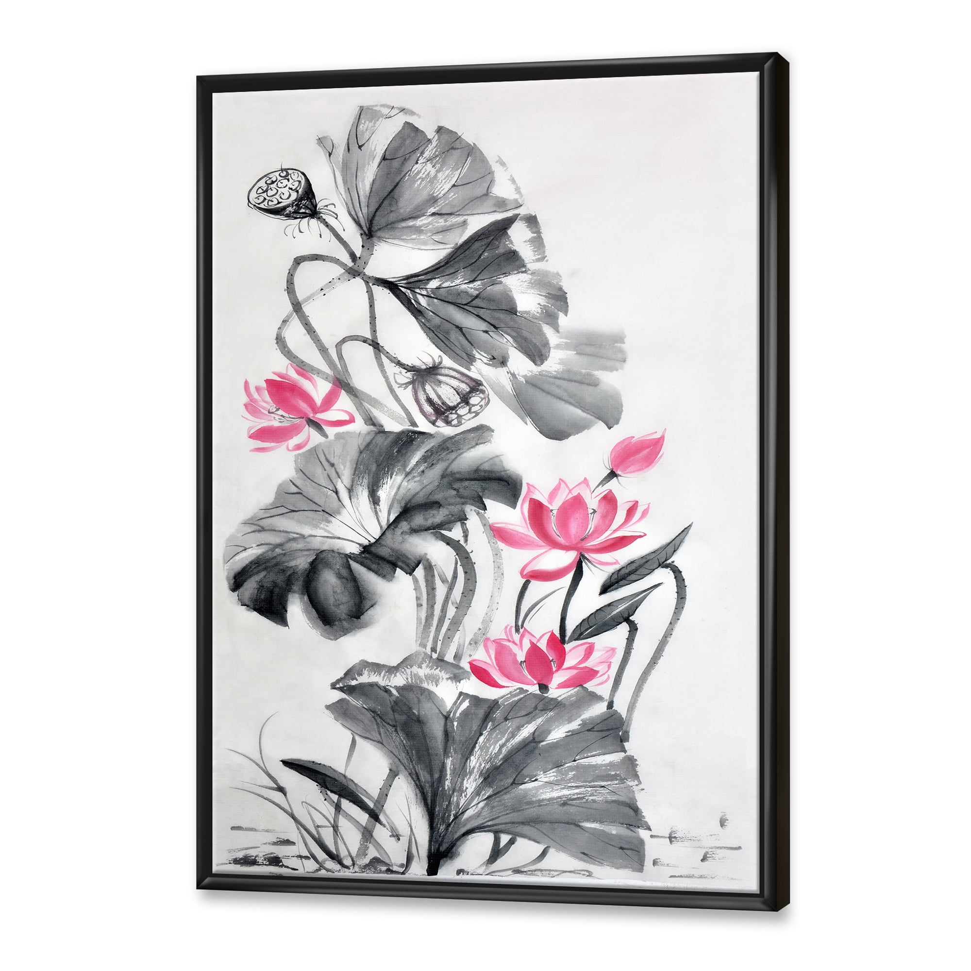 Designart 'Pink Vintage Lotus Flower and Monochrome Leaves' Traditional Framed Canvas Wall Art Print