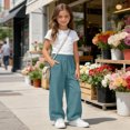 thumbnail image 5 of Mifsaly Girls Summer Casual Pants High Waisted Wide Leg Cotton Linen Pant Lightweight Breathable Summer Beach Vacation Clothes with Pockets Blue,13 Years, 5 of 9