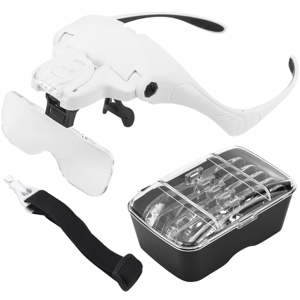 Aougo – Lunettes loupe grossissantes avec 2 lumières LED – 5 lentilles détachables 1.0X-3.5X – Serre-tête ajustable pour couture et artisanat