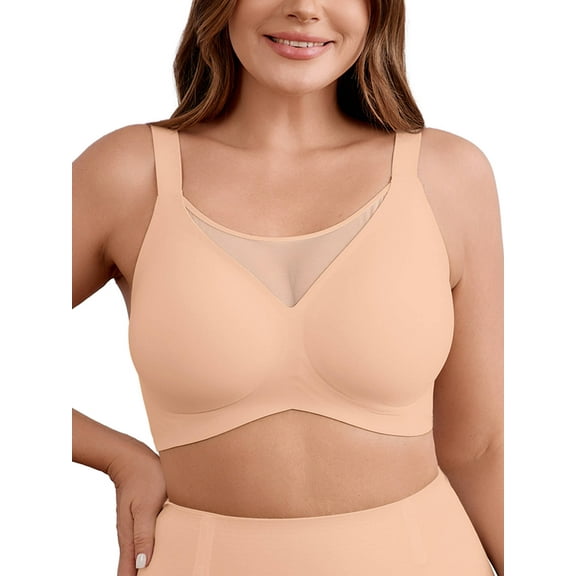 DEMOTIME Womens Bras No Underwire Soft Light Support Bras Seamless Everyday Bras Beige 2XL