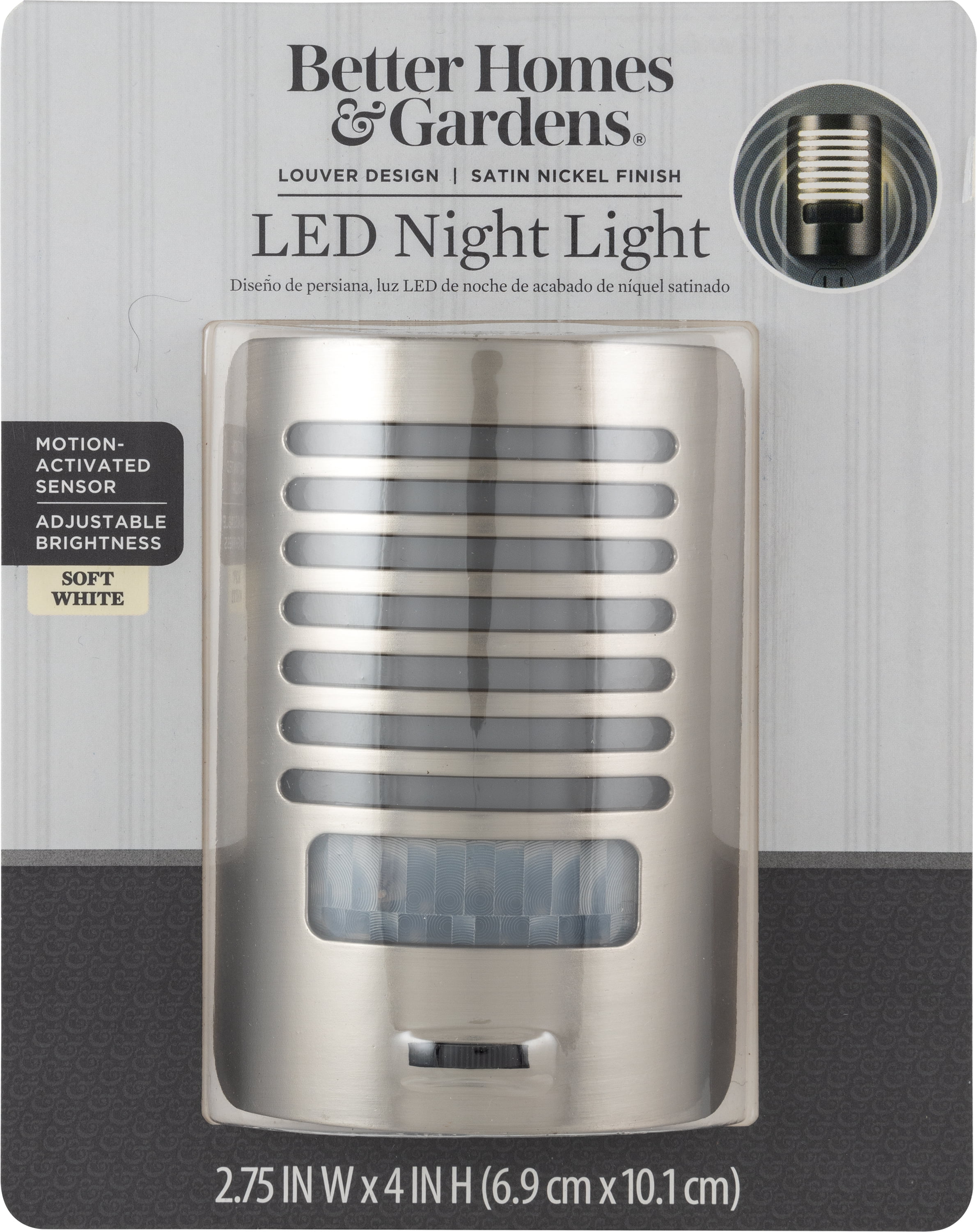(2 pack) Better Homes & Gardens LED Night Light, Louver Design, Motion-Sensing, Satin Nickel, 4 in, 1 in