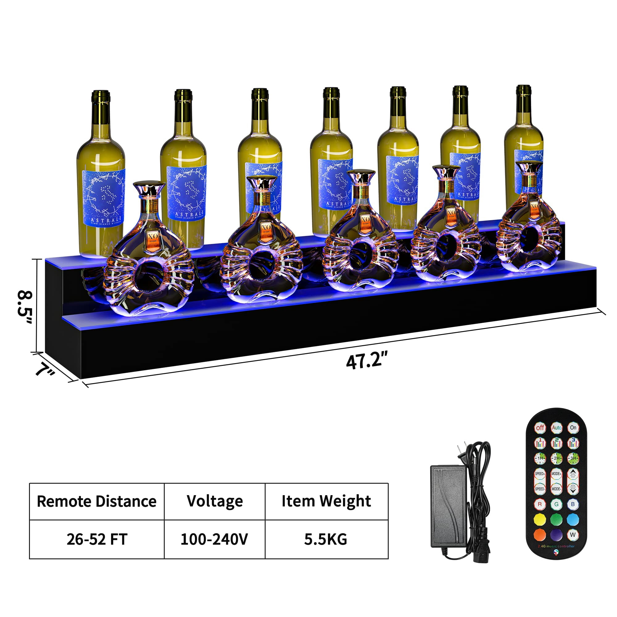 Dextrus LED Lighted Liquor Bottle Display Shelf Supports USB & Power Bank, 2-Step 48-inch Bar Liquor Alcohol Shelf for Home Counter Party, Acrylic Mounted Whiskey Rack Stand with Remote & App Control