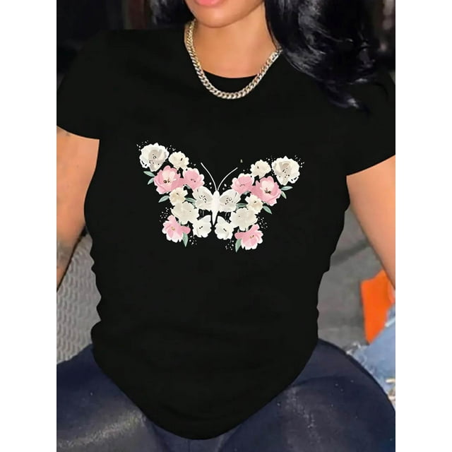 Women's Stylish Butterfly Print T-Shirt - Casual Crew Neck, Short Sleeve, Soft Polyester Blend, Comfortable Summer Top in White with Black & Green Floral Print Design, Vacation Clothing | Trendy Wome