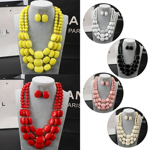 DESIGNICE Boho Women Multilayer Wood Beaded Statement Bib Necklace Chunky Choker & Earring Set (Pink)