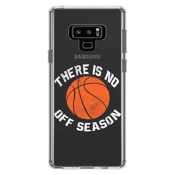 DistinctInk Clear Shockproof Hybrid Case for Samsung Galaxy Note 9 - TPU Bumper Acrylic Back Tempered Glass Screen Protector - Basketball There is No Off Season
