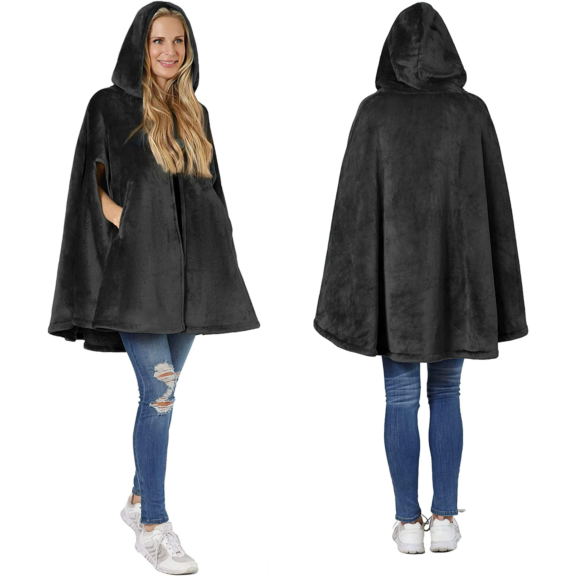 Hhhc Angel Wrap Hooded Wearable Blanket Poncho With Comfy Sherpa Fleece Warmy Plush Throw Cape With Pockets Cozy Gifts For Women Girlfriend Kids Bla
