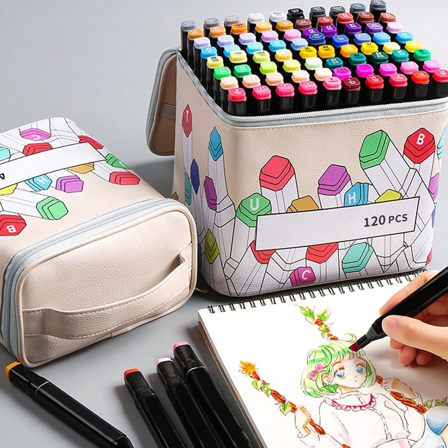 120 Slot Marker Case, Leather Holder with Large Opening, Zipper, Carry Handle, Multi-Purpose Art Pens Pencils Lipstick Mascara Storage