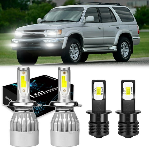 HMCYCI 4pcs H4 9003 HB2 H3 For Toyota 4Runner 1999-2002 6000K LED Headlight & Fog Light Bulbs Combo Kit