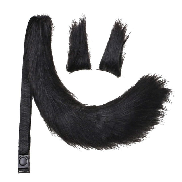 Ensemble 3 Pcs Oreilles et Queue en Peluche Ajustables pour Carnaval Halloween Robe Femmes Filles Noir