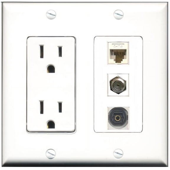 RiteAV - 15 Amp Power Outlet 1 Port Coax 1 Port Toslink 1 Port Cat6 Ethernet Ethernet White Decorative Wall Plate