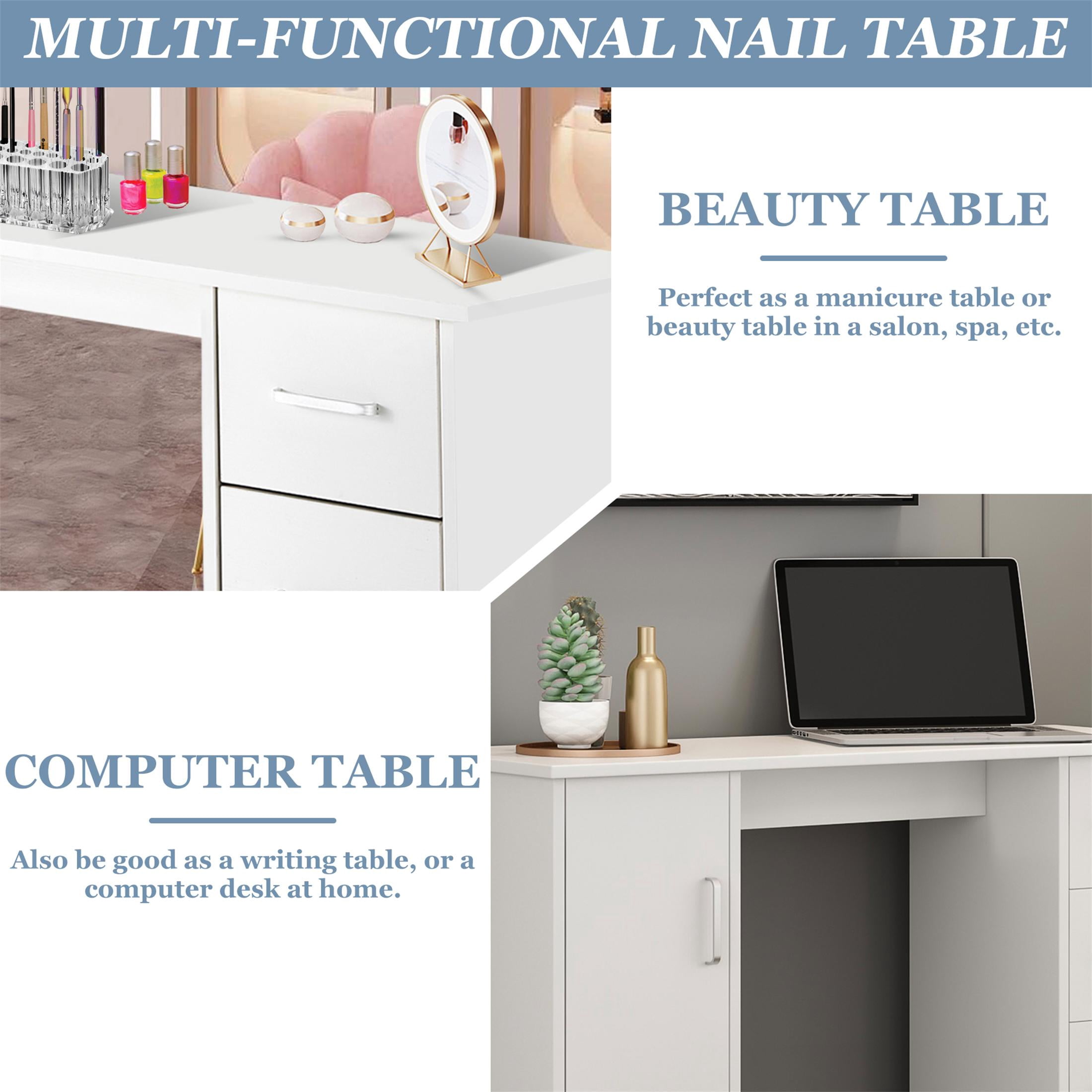 Sesslife White Computer Desk, Writing Desk with Lockable Wheels，Modern Wood Study Desk with 4 Drawers for Home Office Workstation