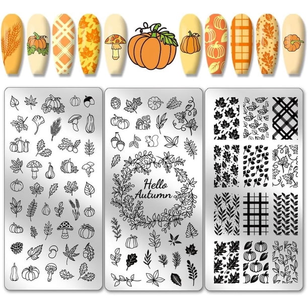 Placa de estampado de uñas con temática otoñal de Acción de Gracias, 88 diseños, plantilla de acero inoxidable, 3 piezas, hojas, calabazas, cuadros, bendición otoñal.
