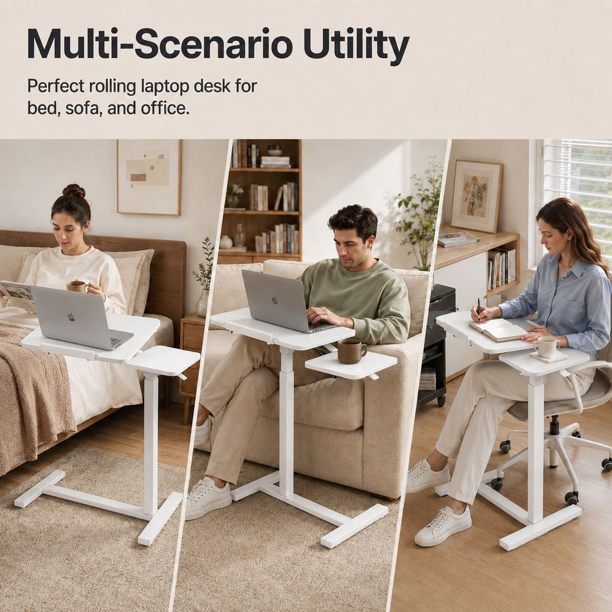 Alvantor Adjustable Bedside Table with Wheels, Rolling Desk, Laptop Table, Portable Design, Adjustable Height, Computer Workstation, Home Office Classroom
