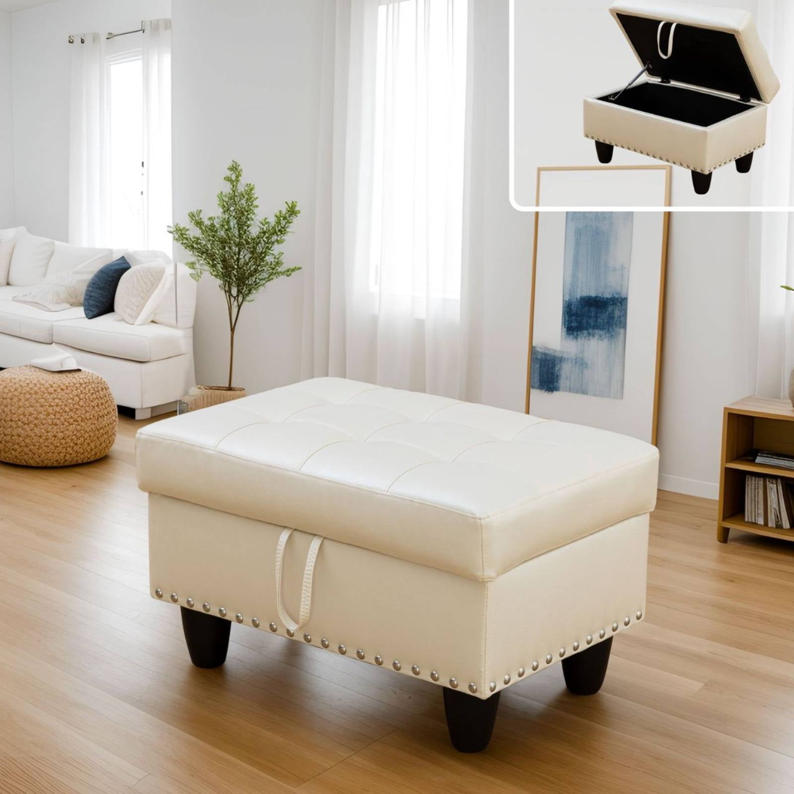 Faux Leather Storage Ottoman Bench, Square Ottoman with Nailhead Trim, Footrest Stool Bench Coffee Table for Living Room,Entryway, White