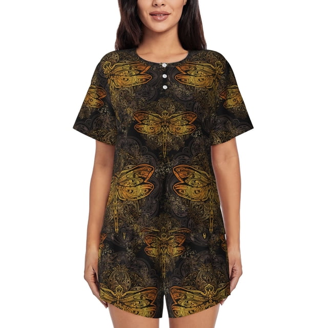 Vsdgher Motif Mandala Libellule Dorée Pyjama Femme 2 Pcs Manches Courtes Ensemble de Nuit, Ensemble de Pyjama Doux d'Été Décontracté, 2 Pcs PJ-Petit